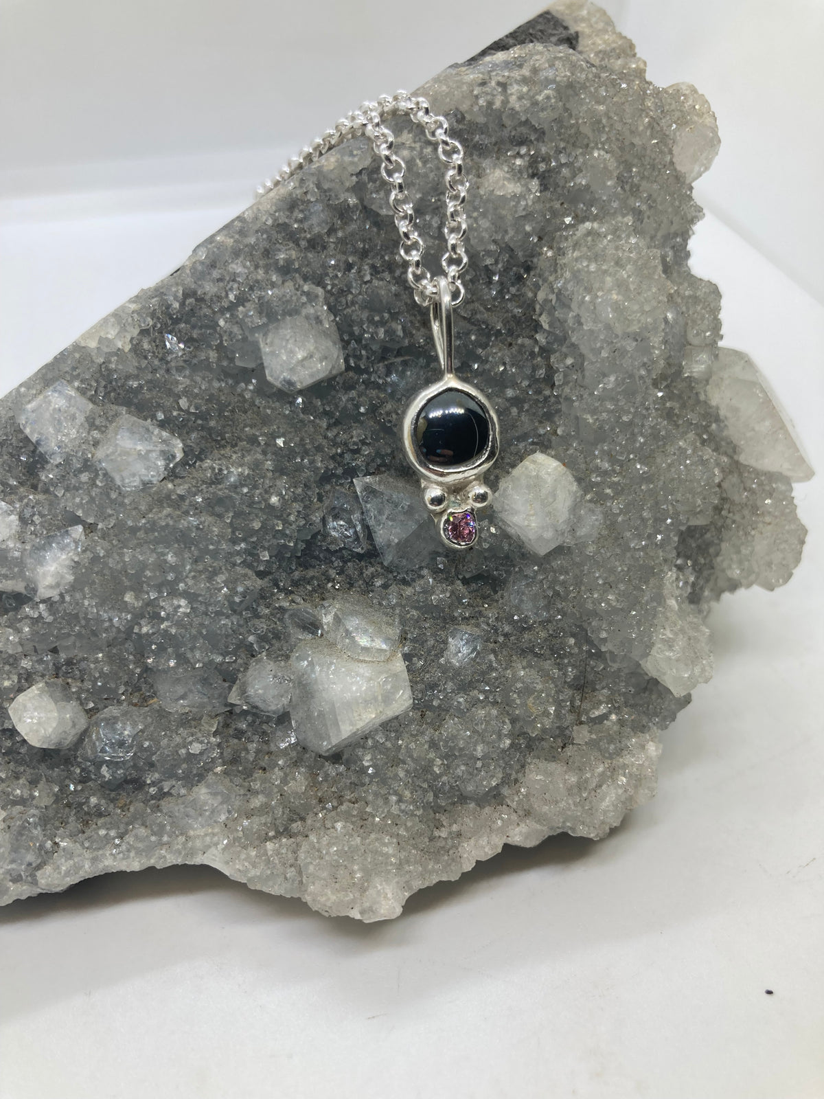 Hematite and pink CZ sterling silver pendant