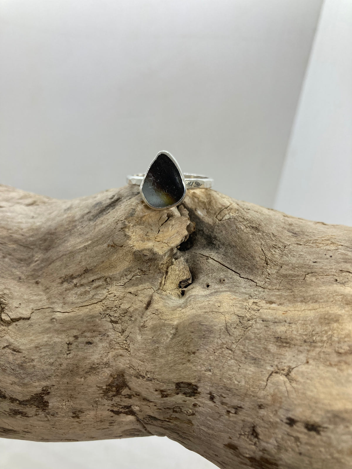 Brown and white multi Sea glass ring UK size S