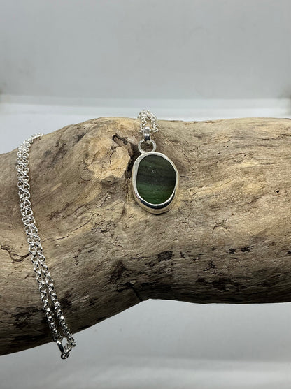 Stripy Olive green Seaham sea glass glass pendant