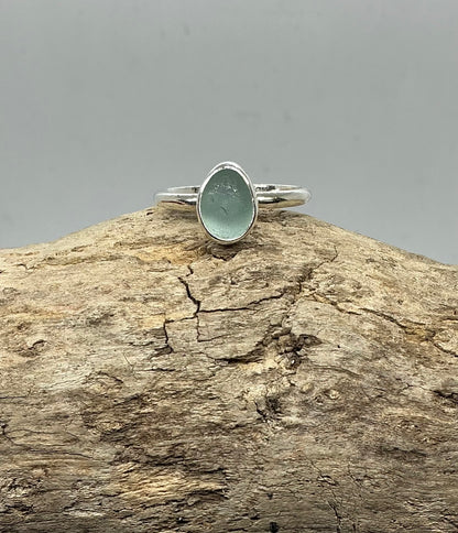 Pale green oval sea glass ring UK size T