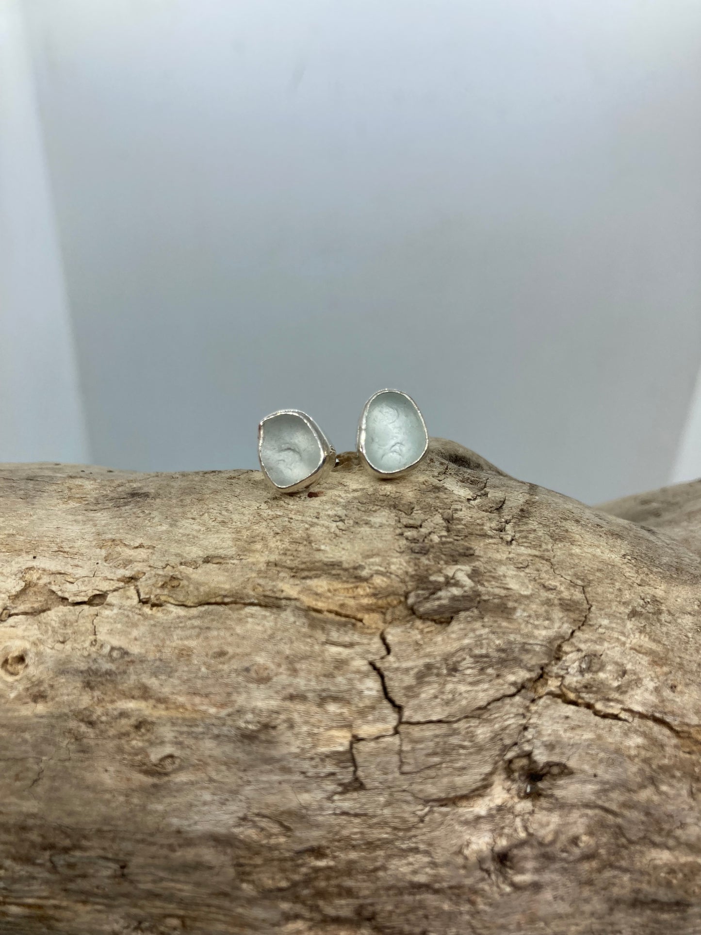 White Sea glass sterling silver studs