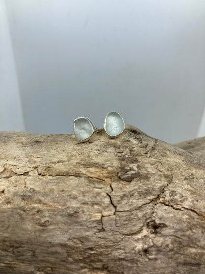 White Sea glass sterling silver studs