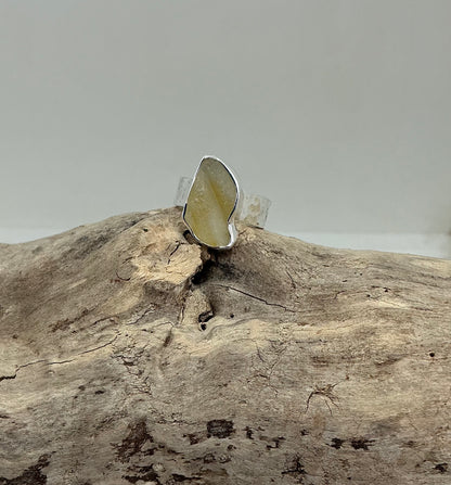 Rare yellow Scottish sea glass ring UK size N
