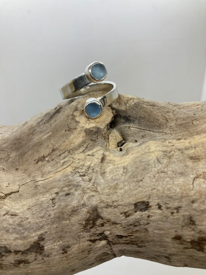 Steel blue sea glass twist ring UK size P