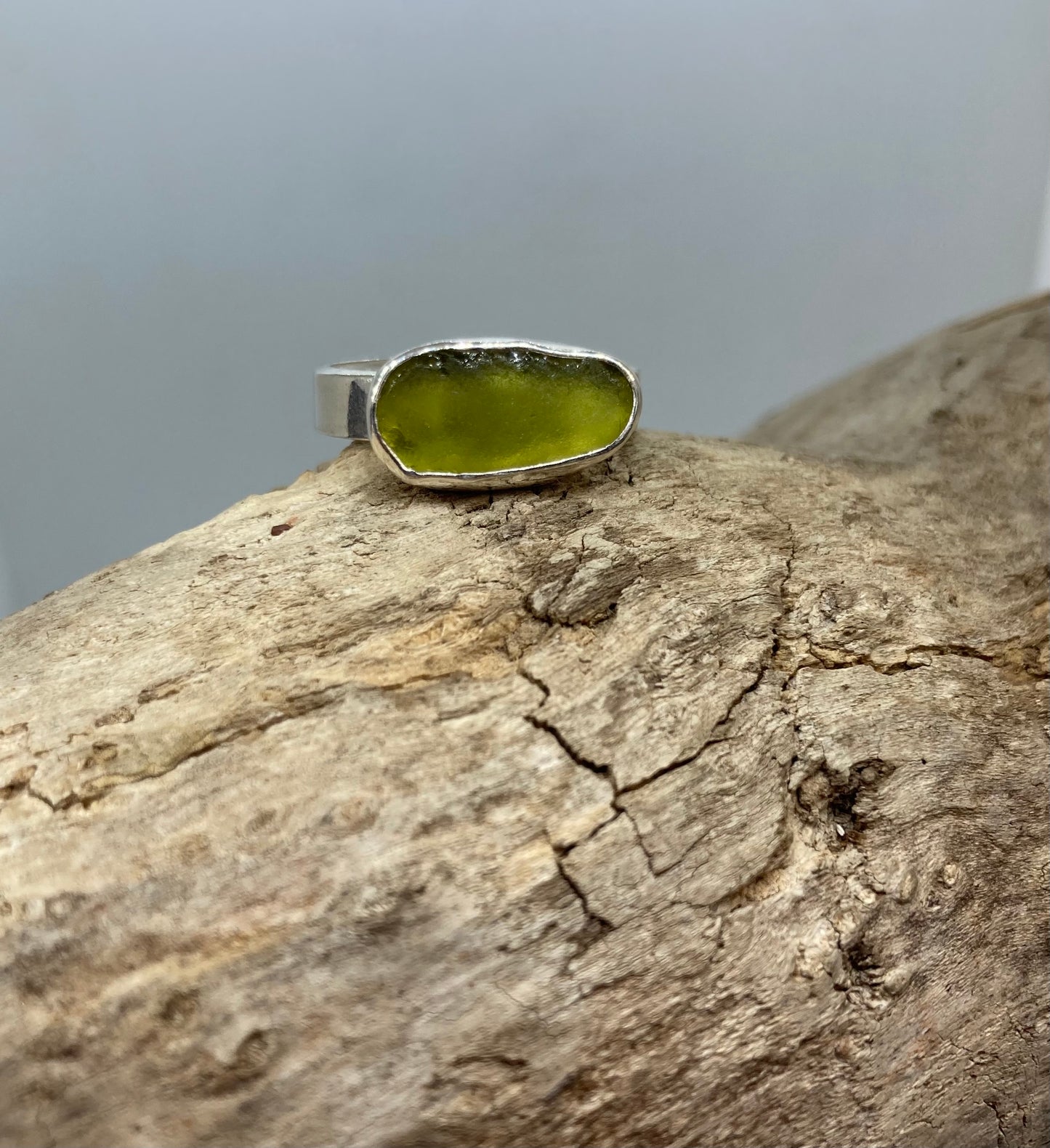 Light olive green sea glass ring UK size O1/2