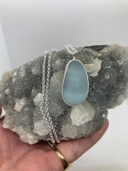 Chunky pale blue Seaham sea glass pendant