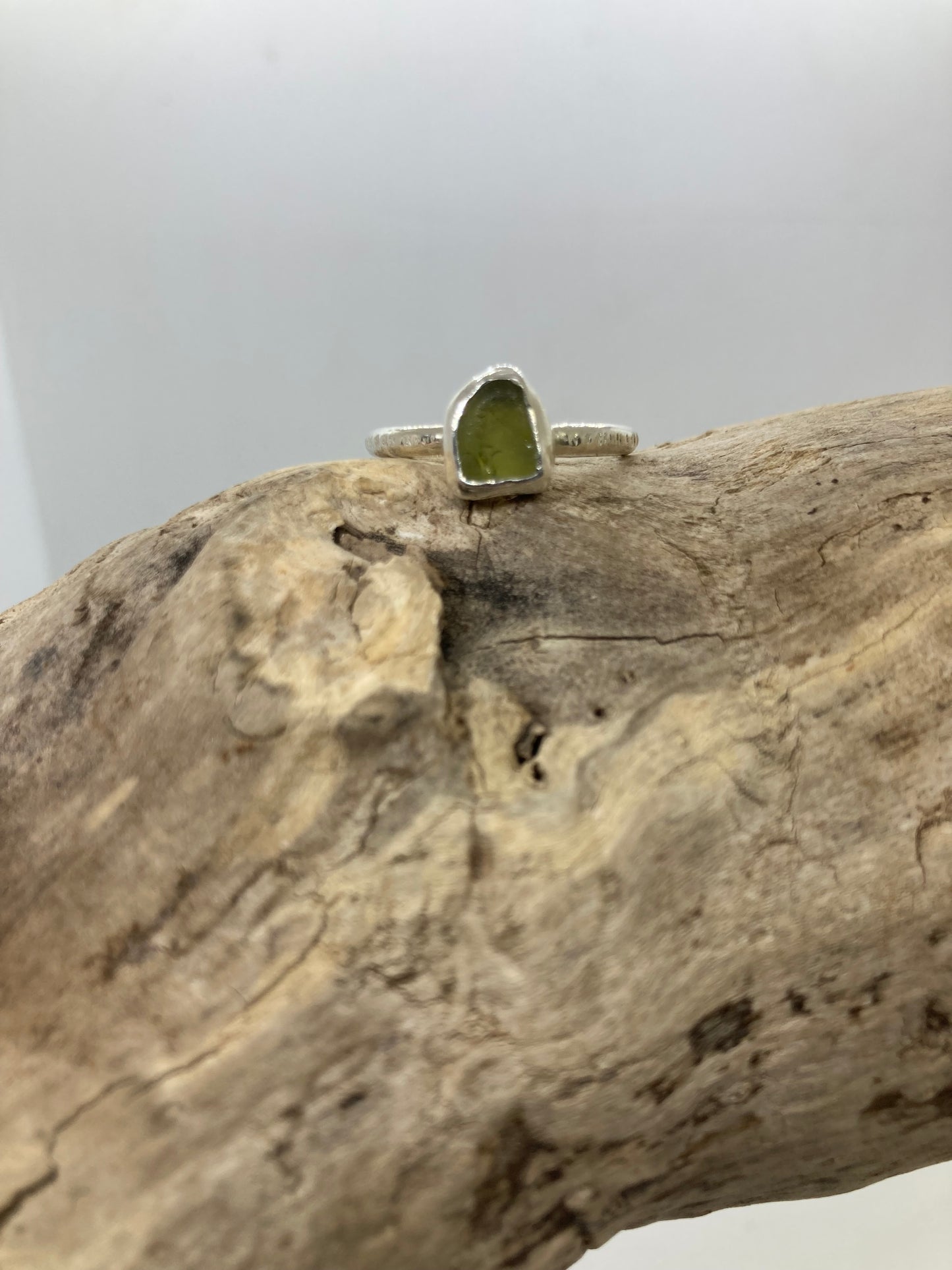 Olive Yellow Sea glass ring UK size Q1/2