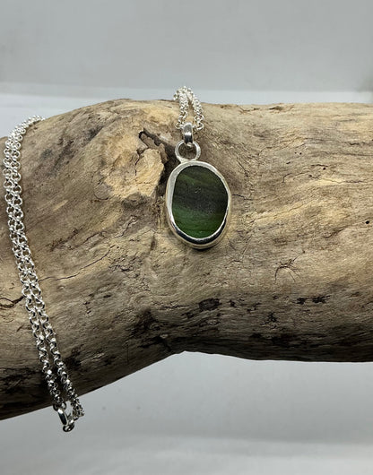 Stripy Olive green Seaham sea glass glass pendant