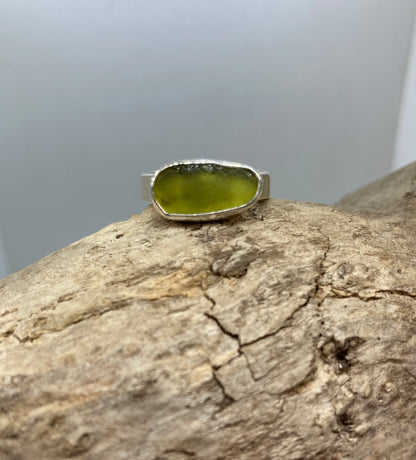 Light olive green sea glass ring UK size O1/2