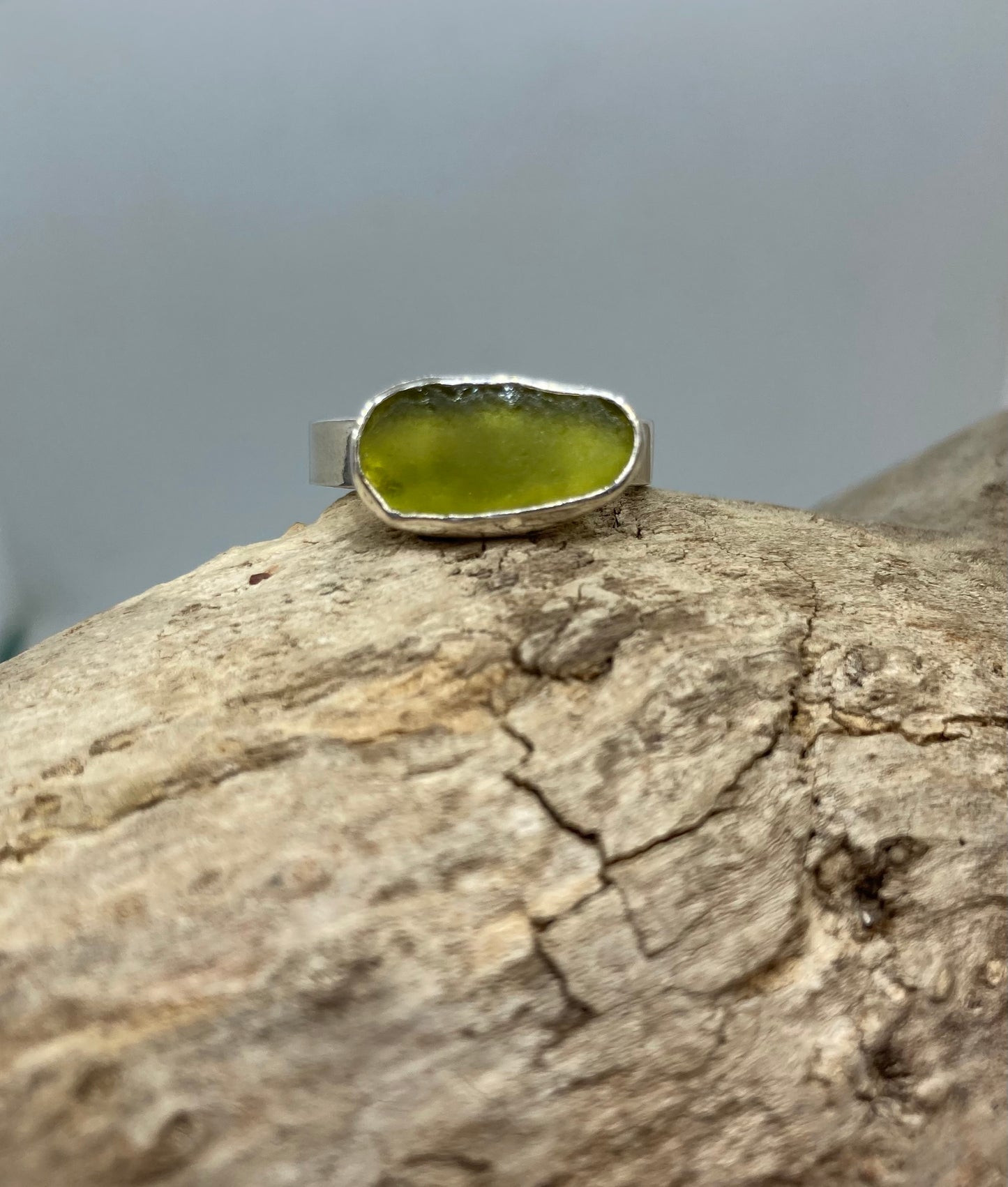 Light olive green sea glass ring UK size O1/2