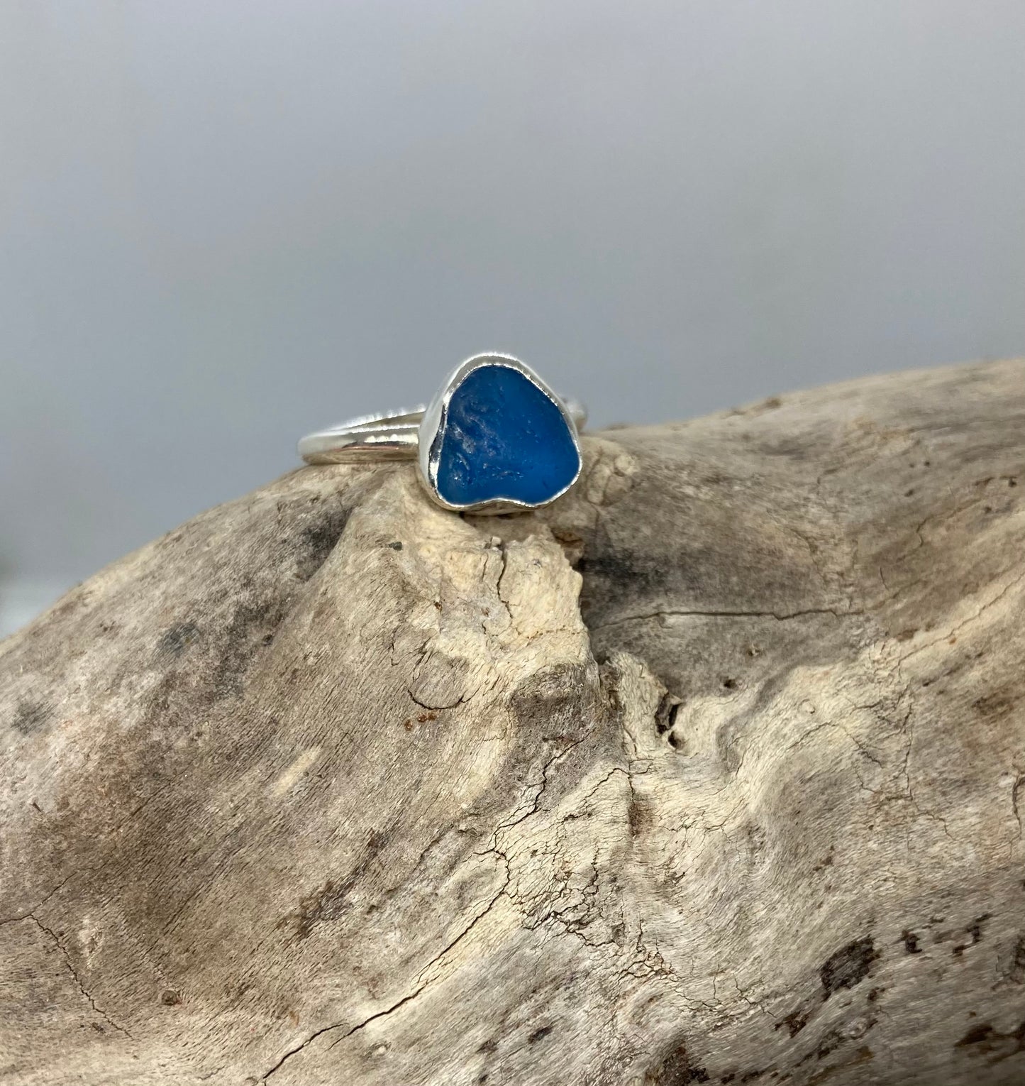 Aqua blue Seaham glass ring UK size R