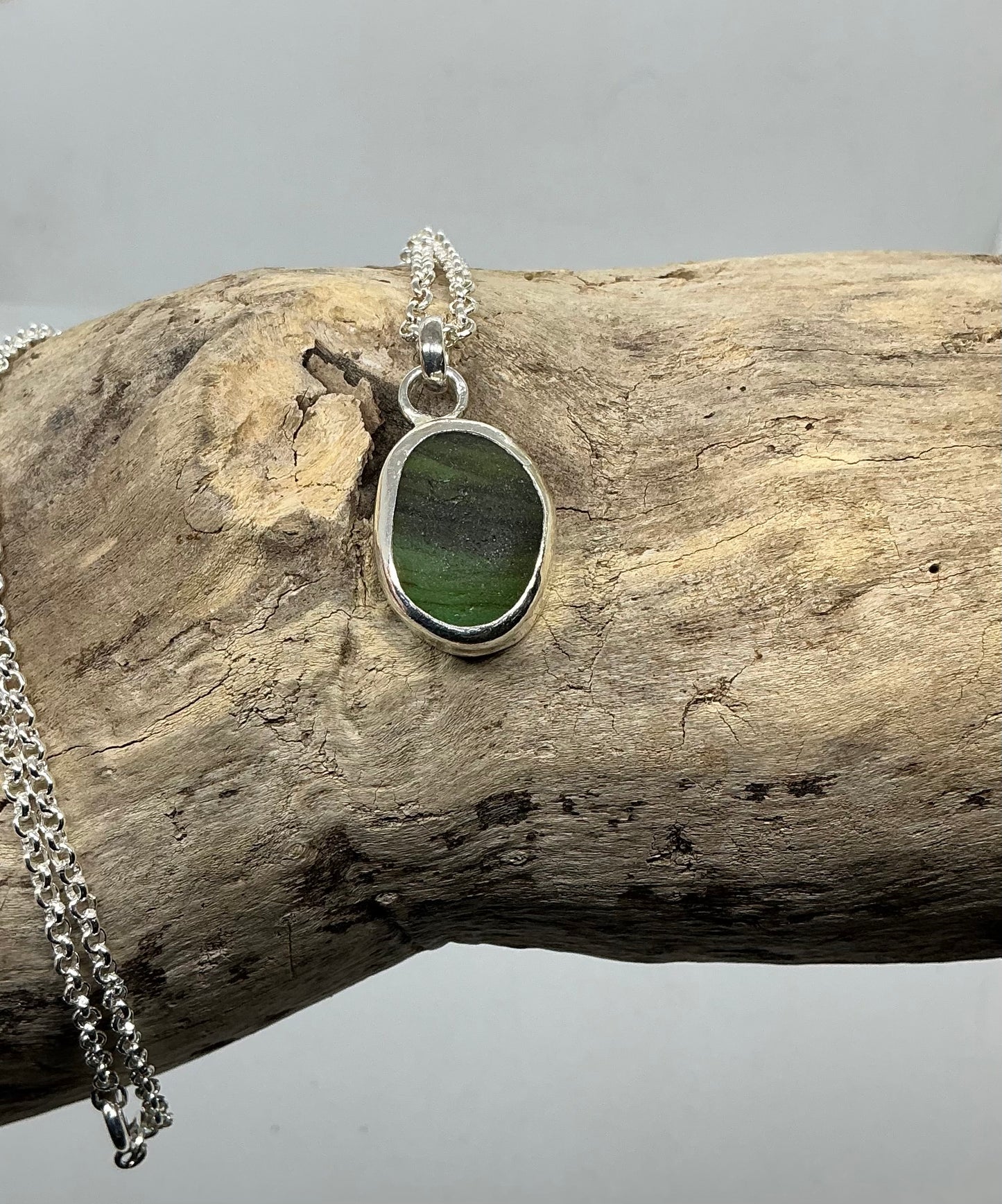 Stripy Olive green Seaham sea glass glass pendant