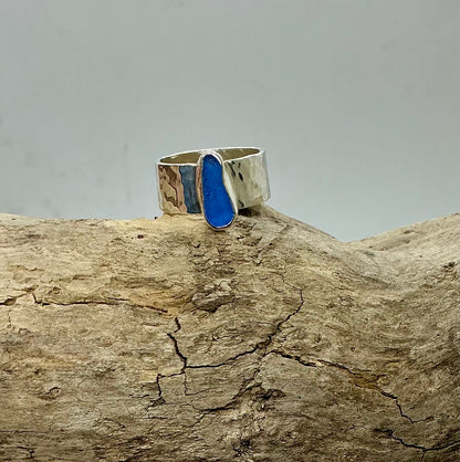 Stunning Cornflower blue sea glass sterling silver ring UK size M