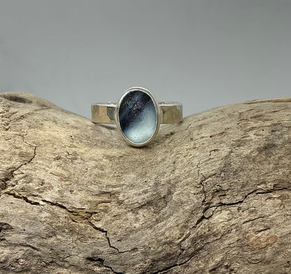 Rare blue and white multi sea glass ring UK size R