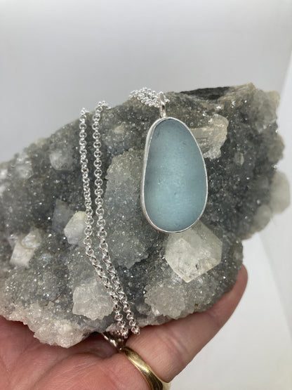Chunky pale blue Seaham sea glass pendant