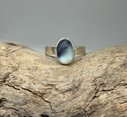 Rare blue and white multi sea glass ring UK size R