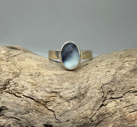 Rare blue and white multi sea glass ring UK size R