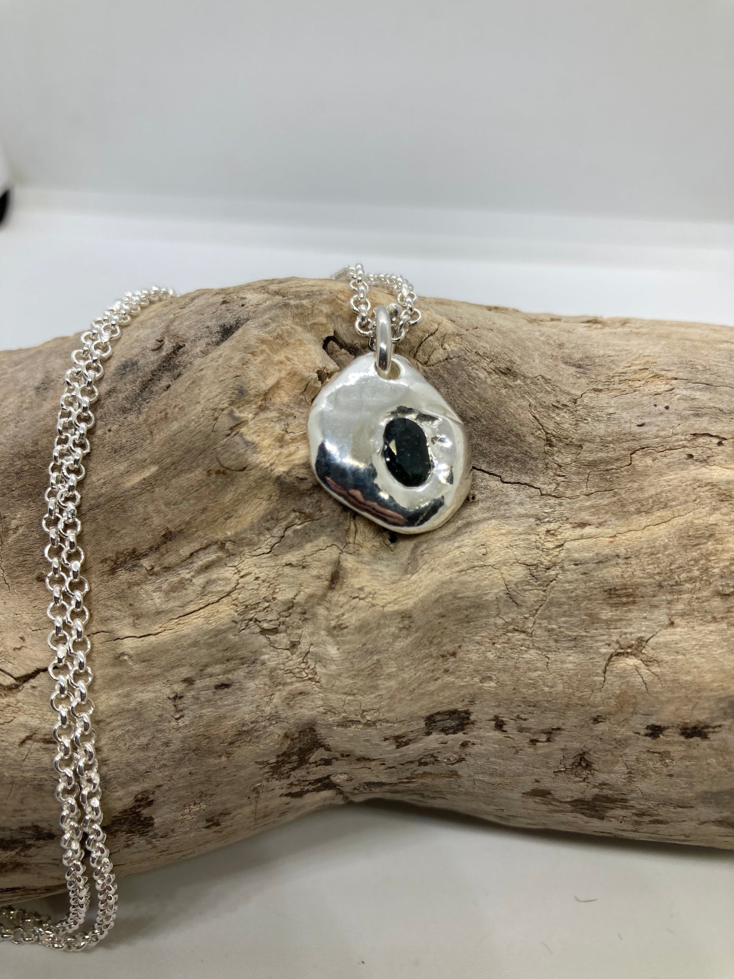 Molten sterling silver sapphire pendant