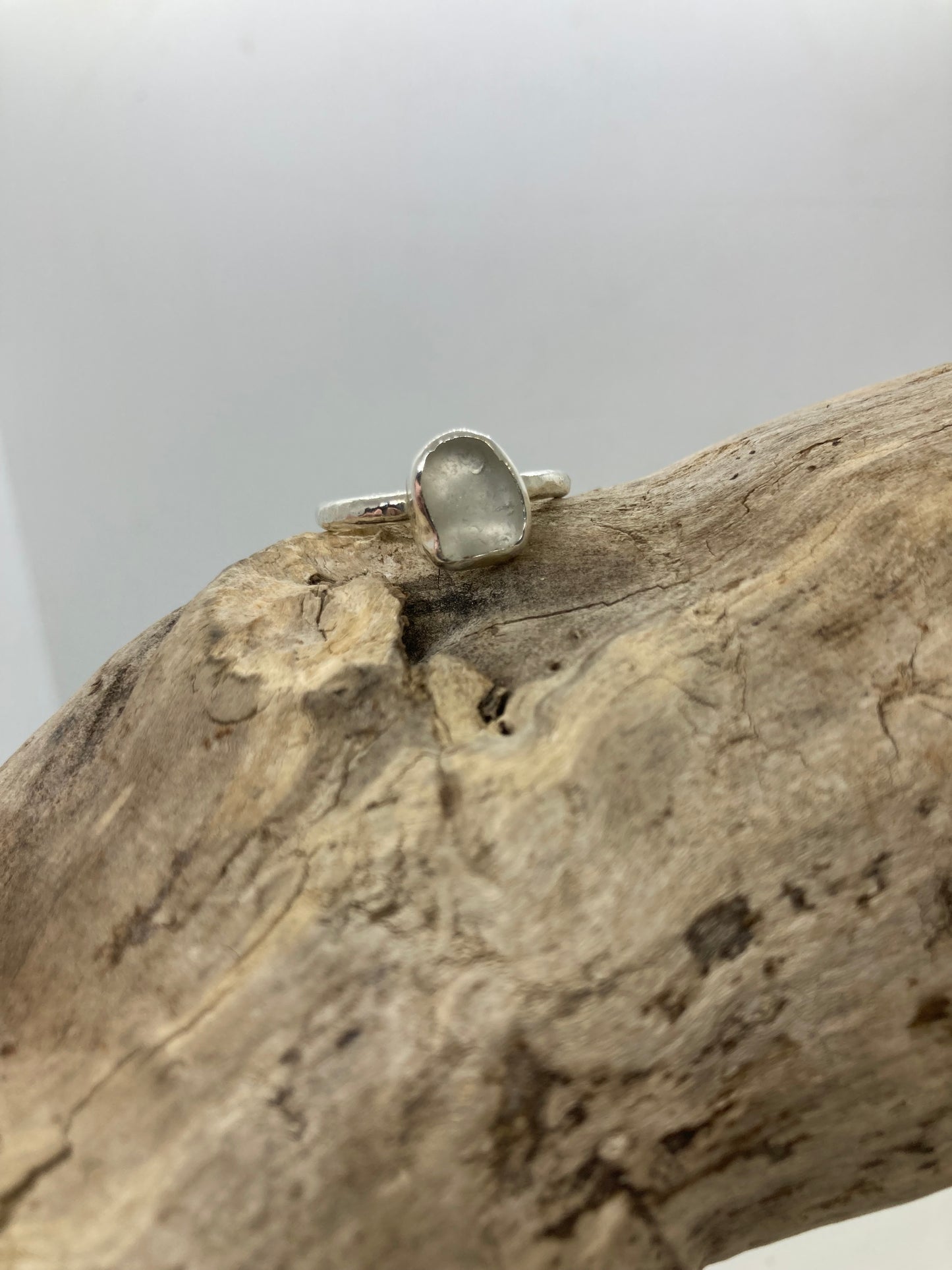 White Sea glass hammered ring UK size Q