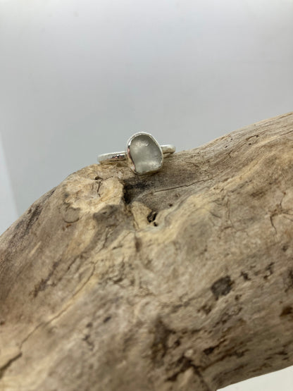 White Sea glass hammered ring UK size Q