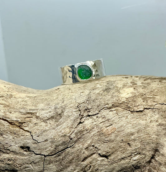 Christmas green sea glass ring UK size T