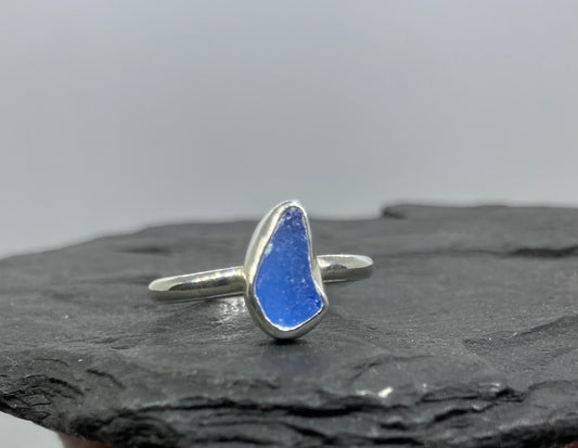 Sky blue Seaham sea glass ring UK size S