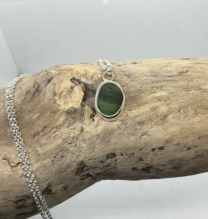 Stripy Olive green Seaham sea glass glass pendant