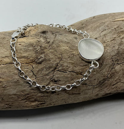 White Sea glass sterling silver chain bracelet