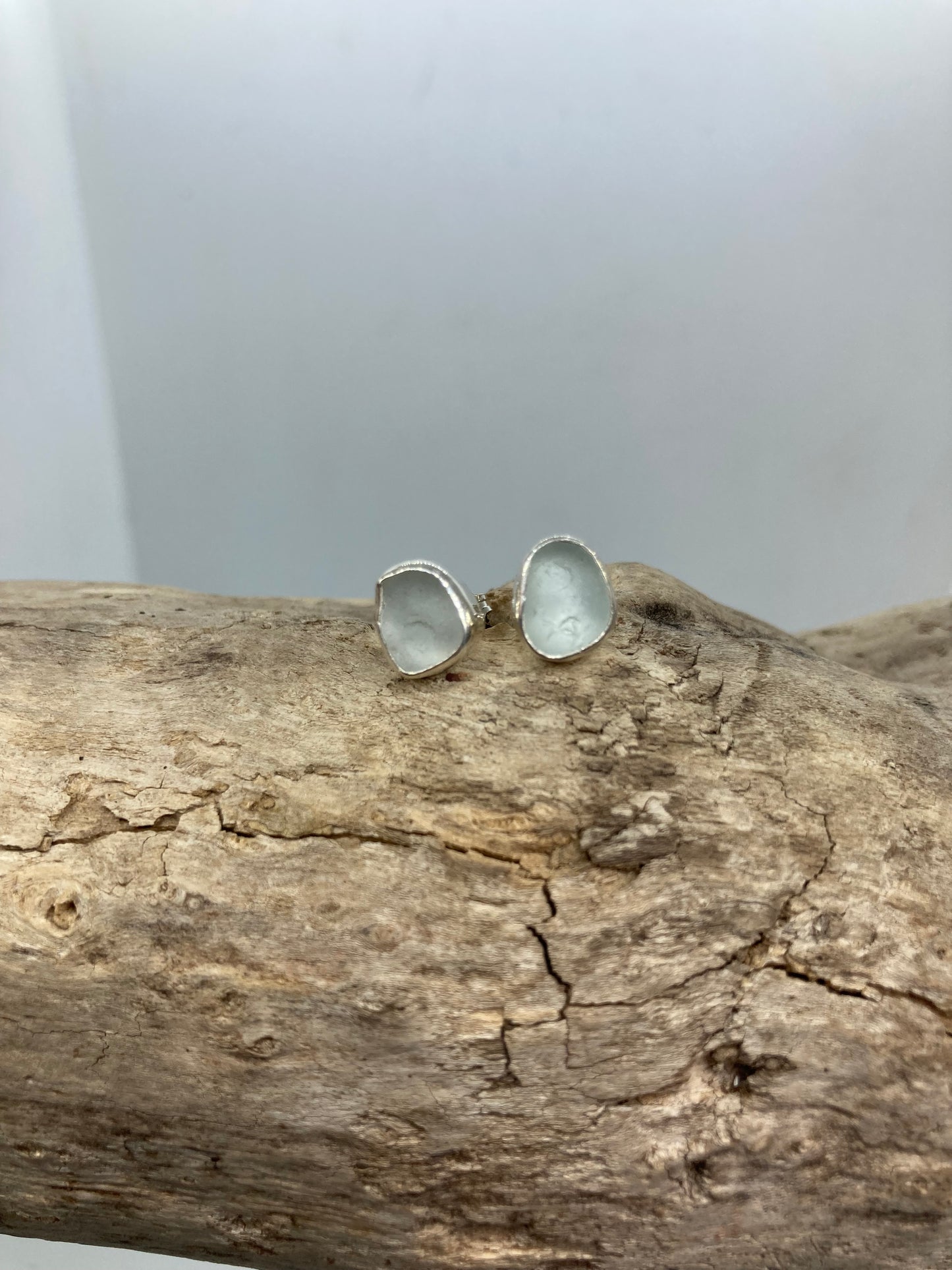 White Sea glass sterling silver studs