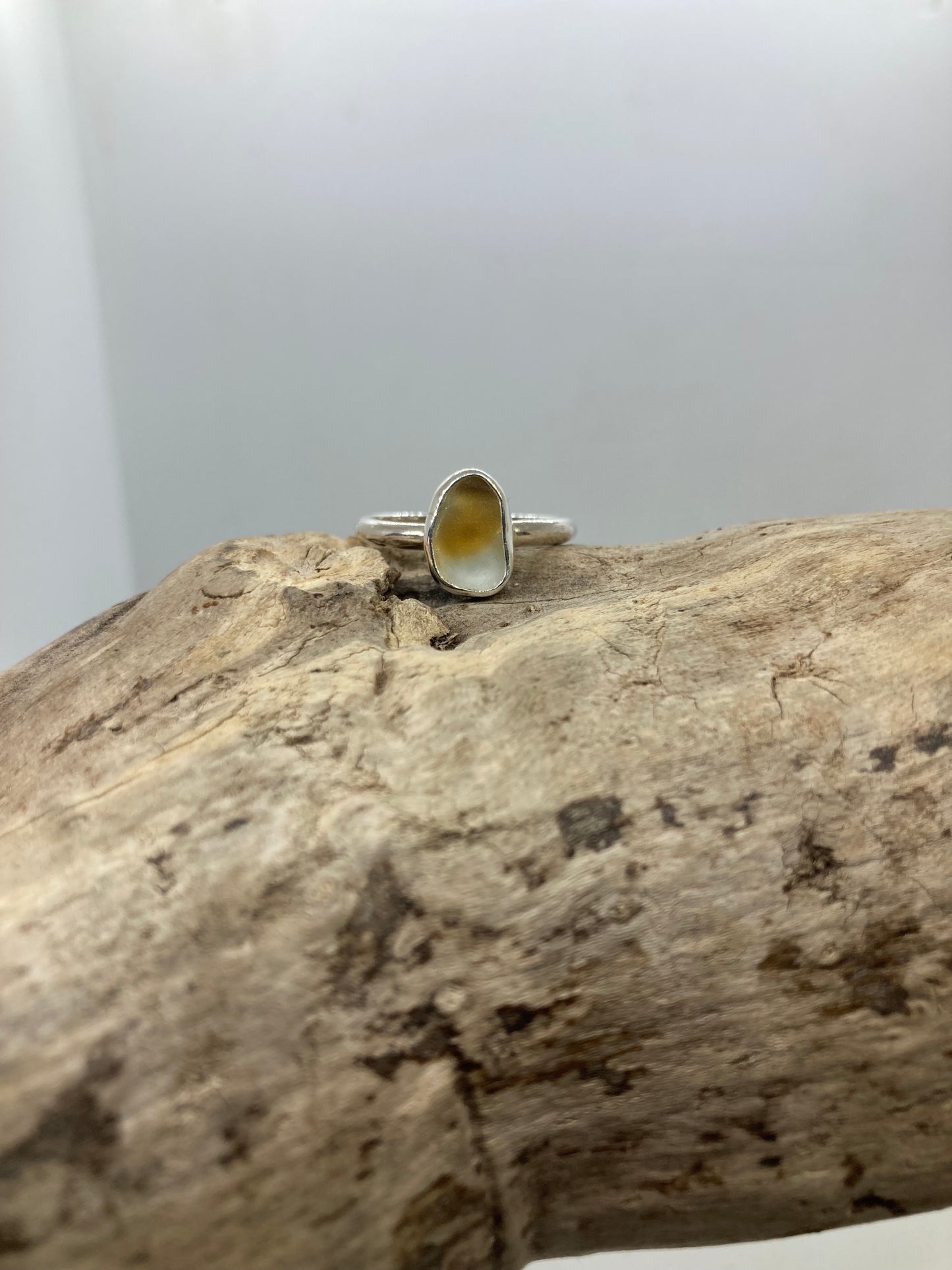 Yellow and white multi Seaham sea glass ring UK size M