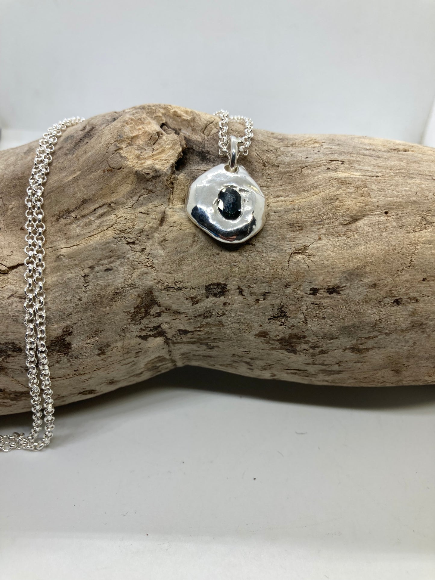 Molten sterling silver sapphire pendant