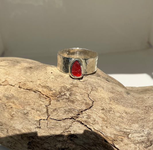Rare Red Sea glass ring UK size R