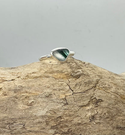 Rare green and white multi sea glass ring UK size Q
