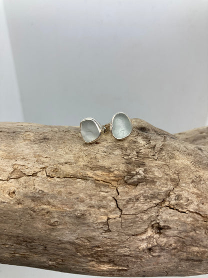 White Sea glass sterling silver studs