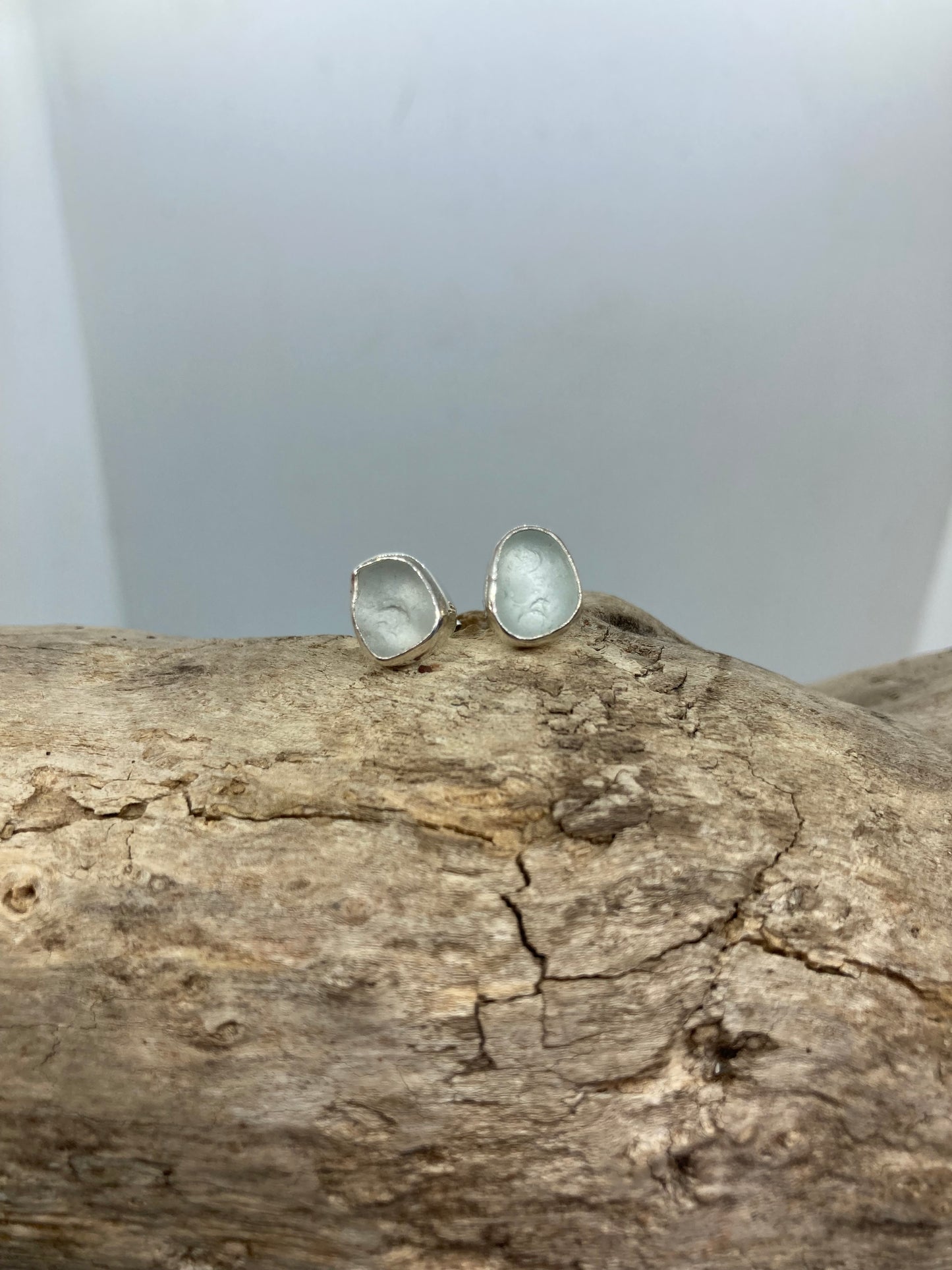 White Sea glass sterling silver studs