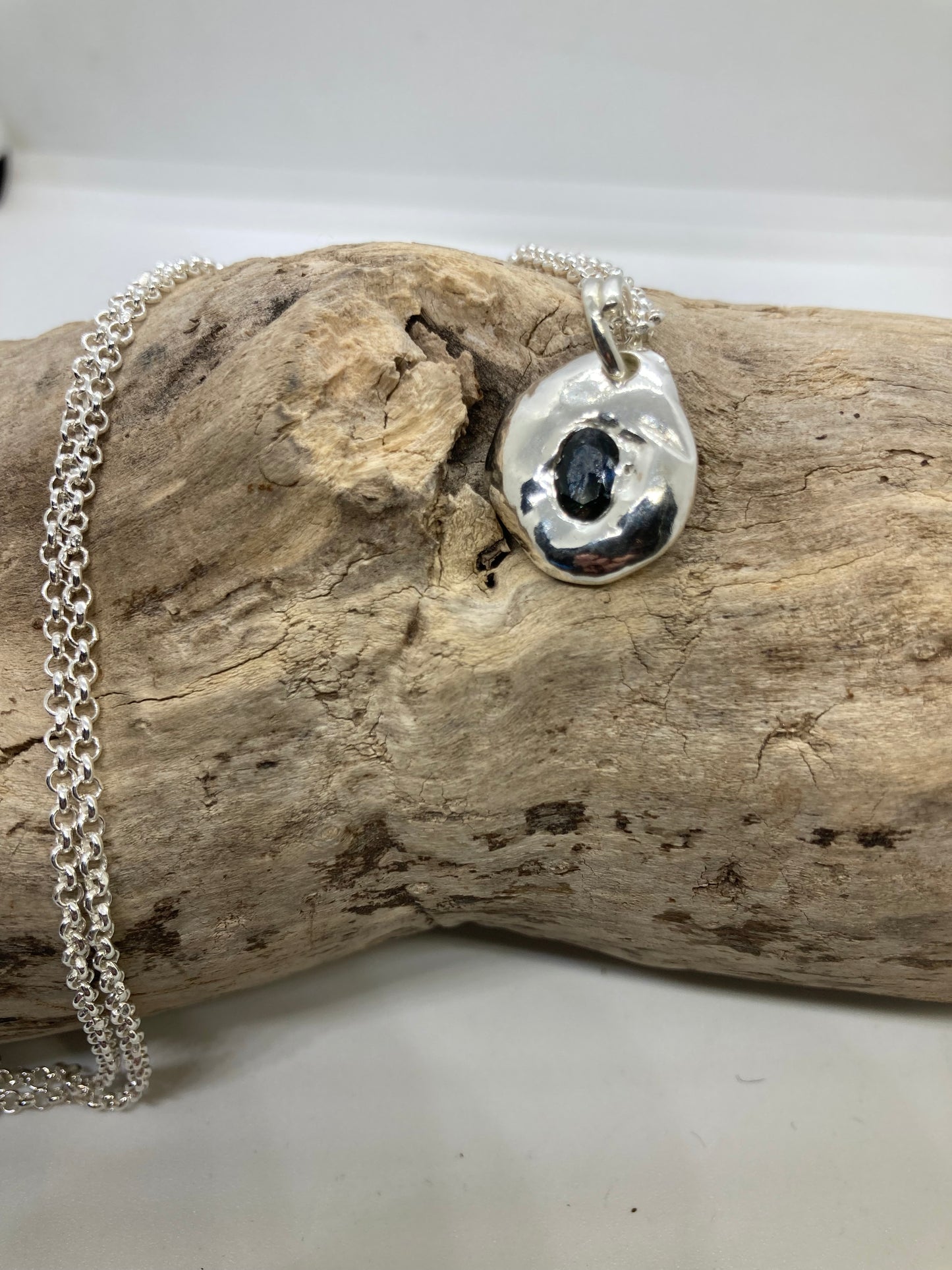 Molten sterling silver sapphire pendant