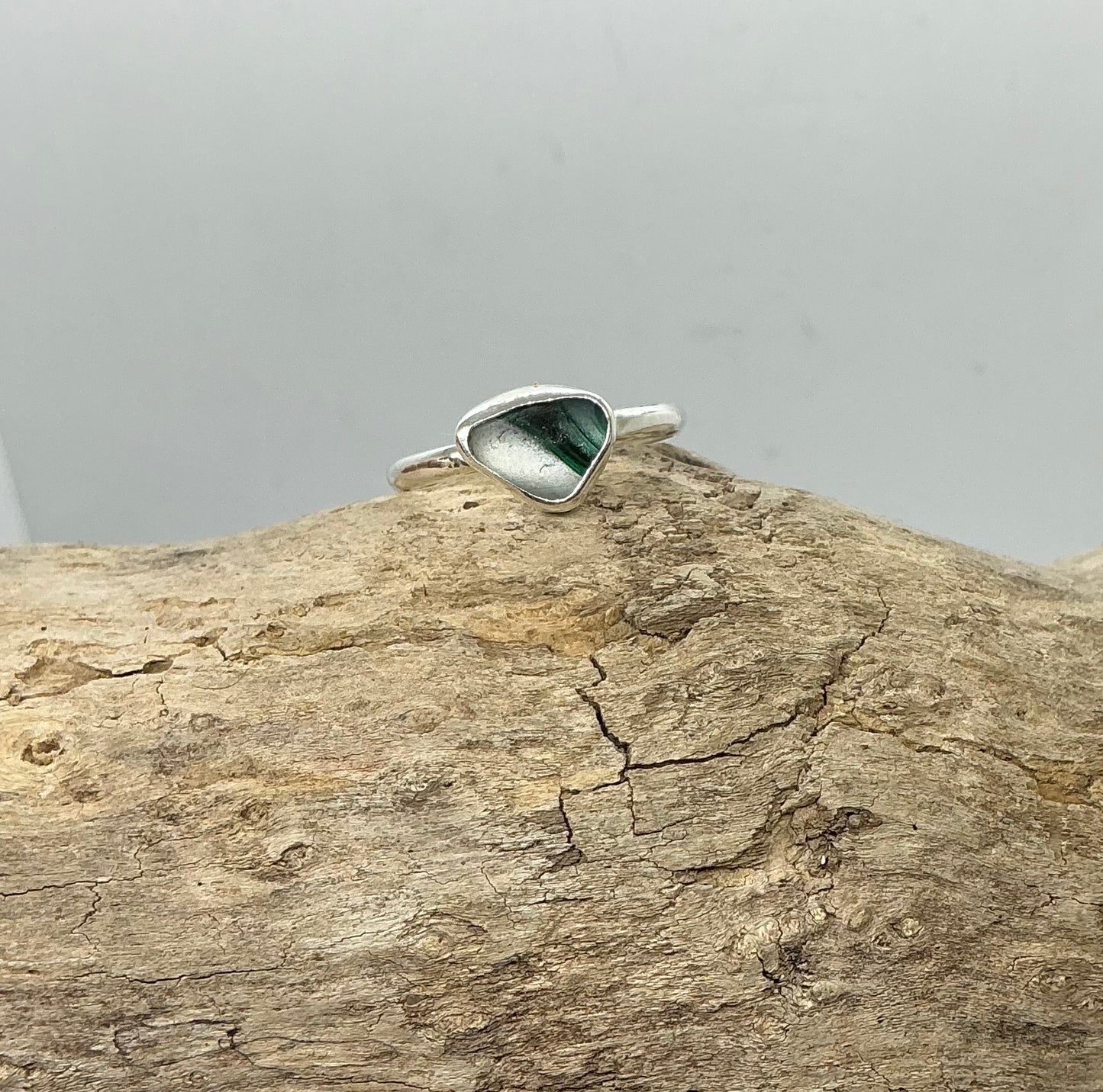 Rare green and white multi sea glass ring UK size Q