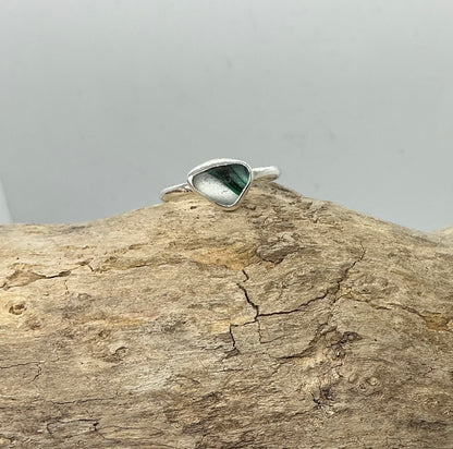 Rare green and white multi sea glass ring UK size Q