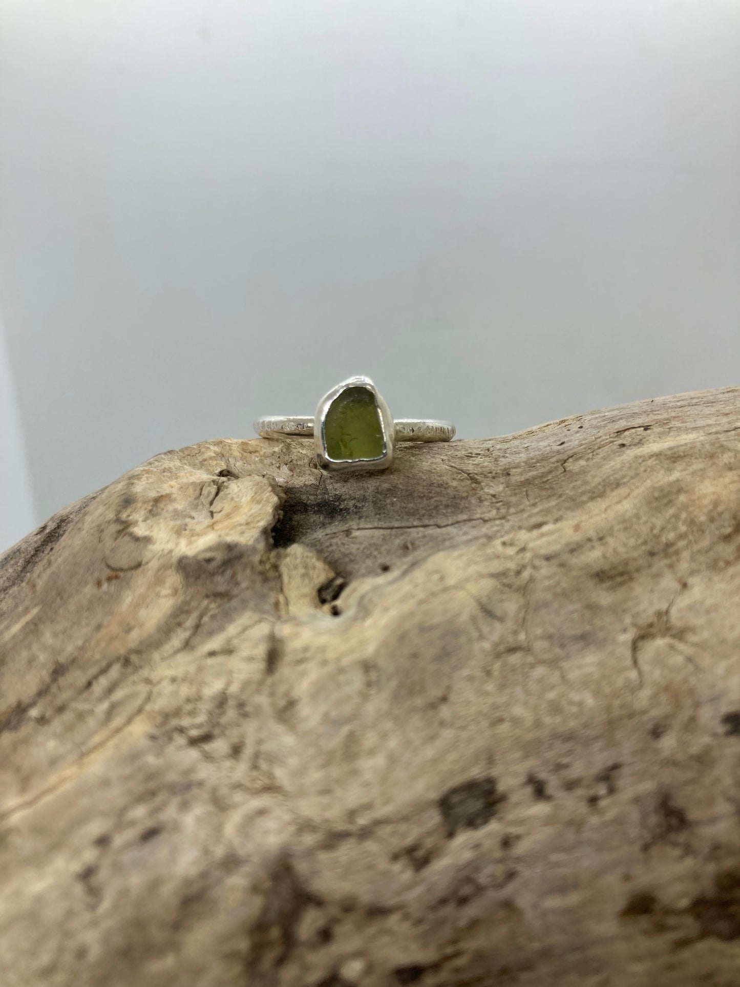 Olive Yellow Sea glass ring UK size Q1/2