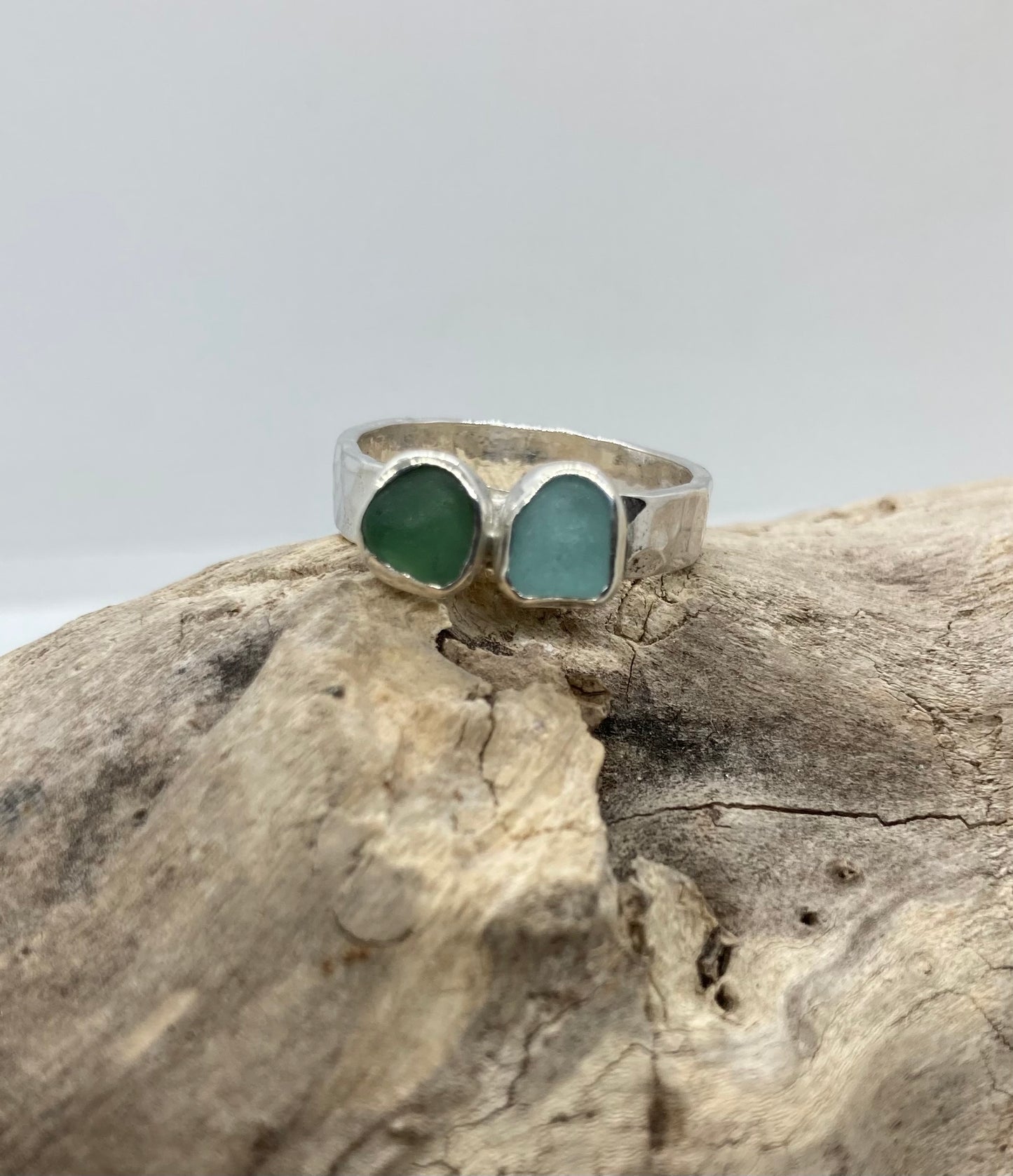 Green and Seafoam sea glass ring UK size N