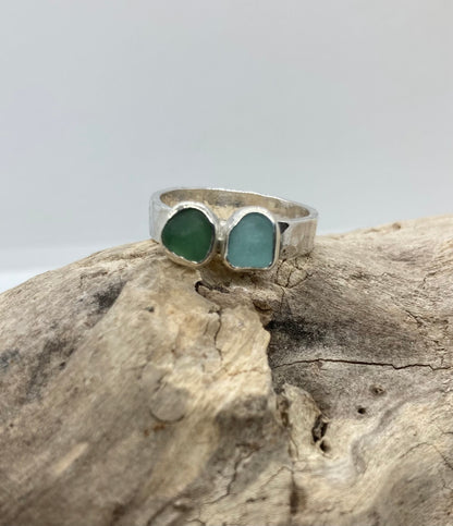 Green and Seafoam sea glass ring UK size N