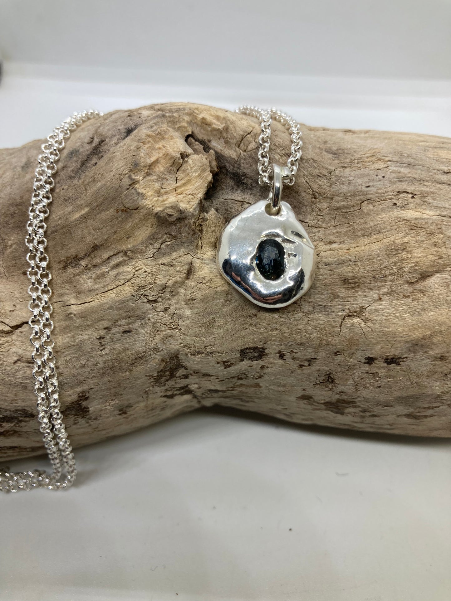 Molten sterling silver sapphire pendant