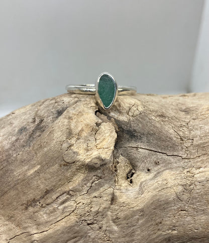 Light teal green Seaham sea glass ring UK size U