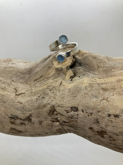Steel blue sea glass twist ring UK size P