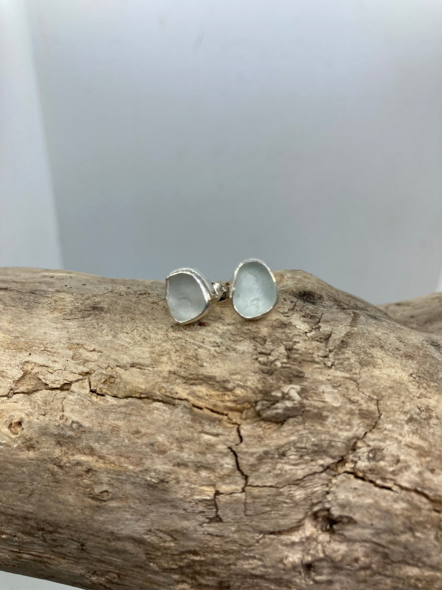 White Sea glass sterling silver studs