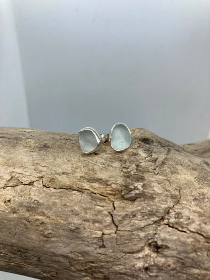 White Sea glass sterling silver studs
