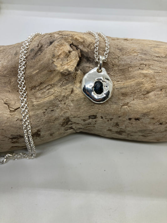 Molten sterling silver sapphire pendant