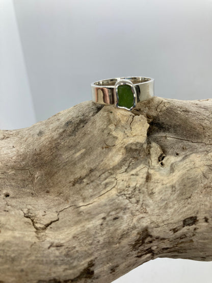 Olive green sea glass ring UK size T