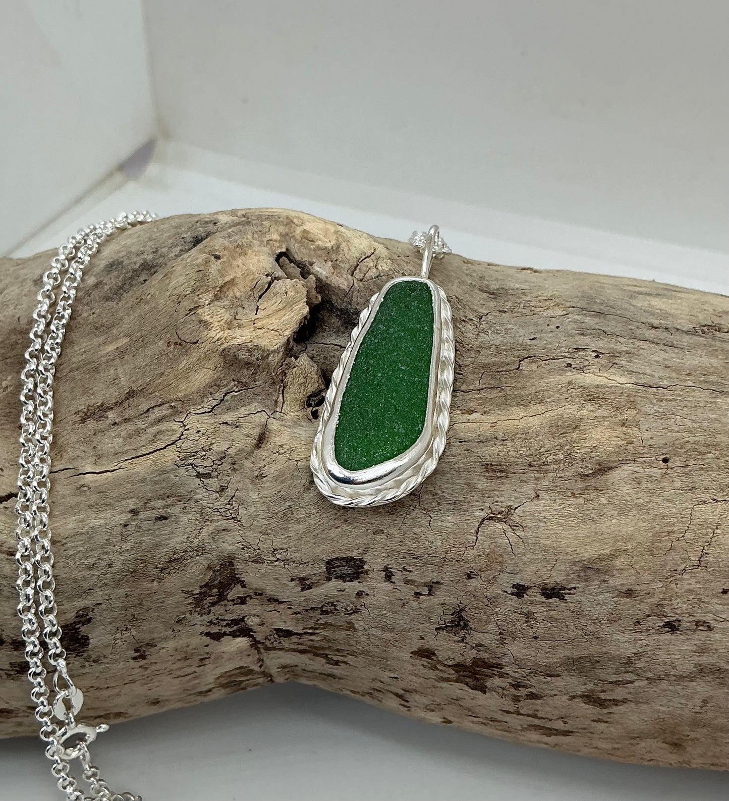 Chunky bright green sea glass pendant
