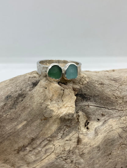 Green and Seafoam sea glass ring UK size N